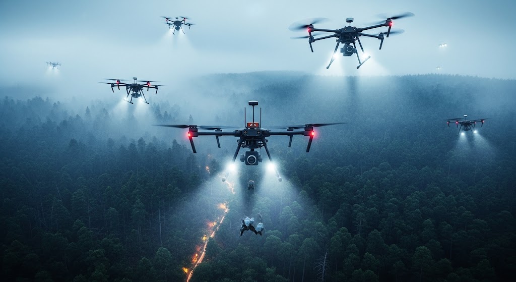 Drones performing a search and rescue operation over challenging terrain